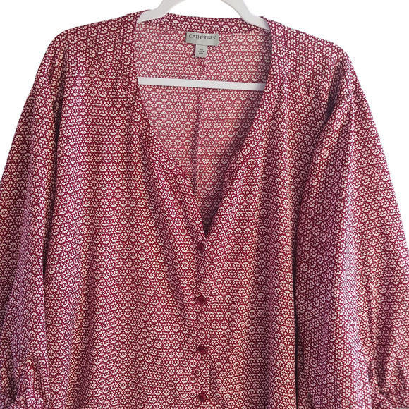 CATHERINES Button Up Blouse Womens 4X Red Geometric Georgette Tie 3/4 Sleeve - Picture 3 of 13